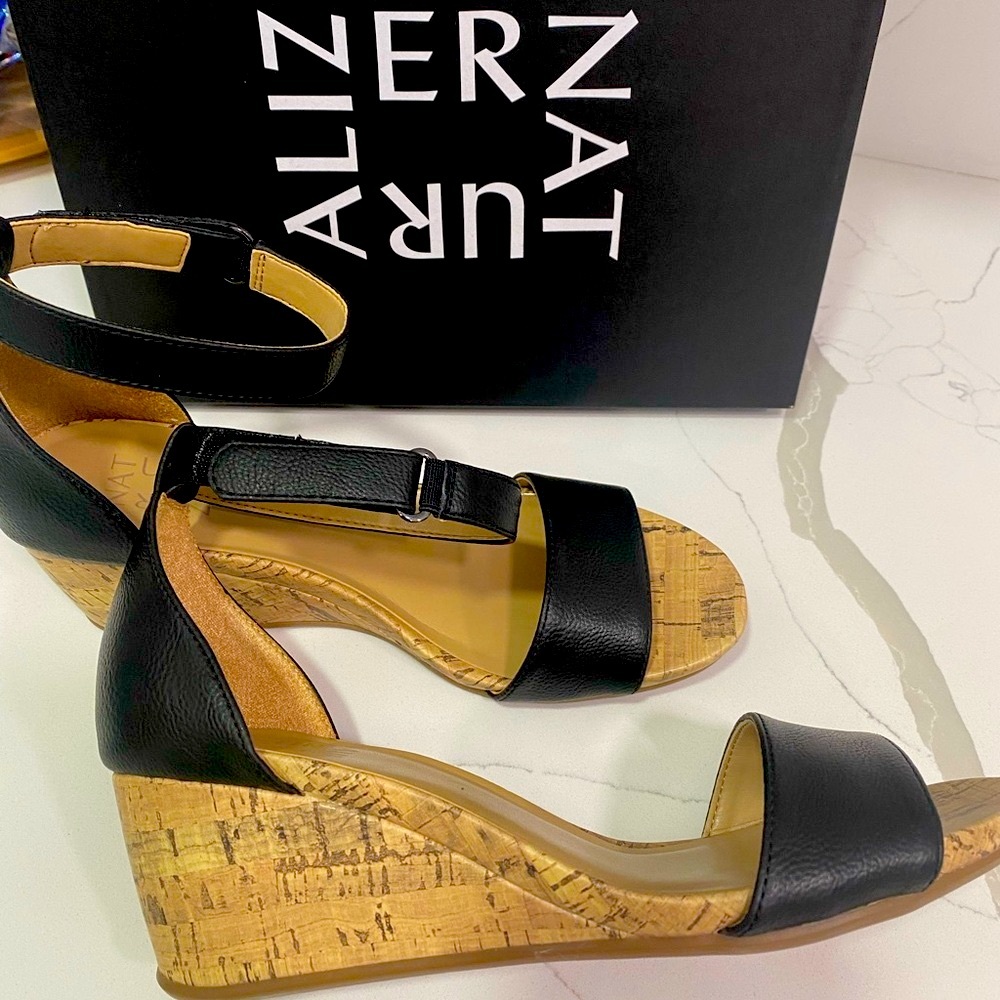 Naturalizer Black Ankle-Strap Sandals with Cork Platform